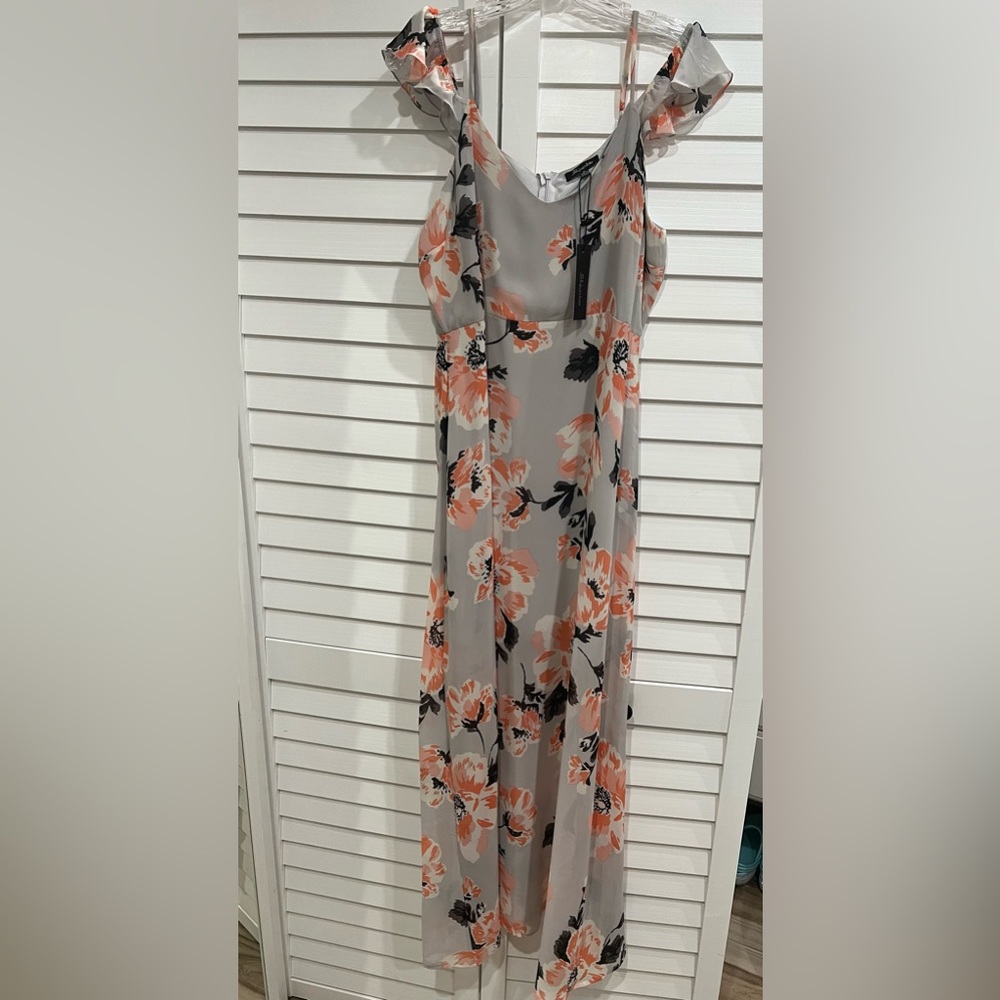 Floral stripy dress, gray with a floral, pink and coral and black print